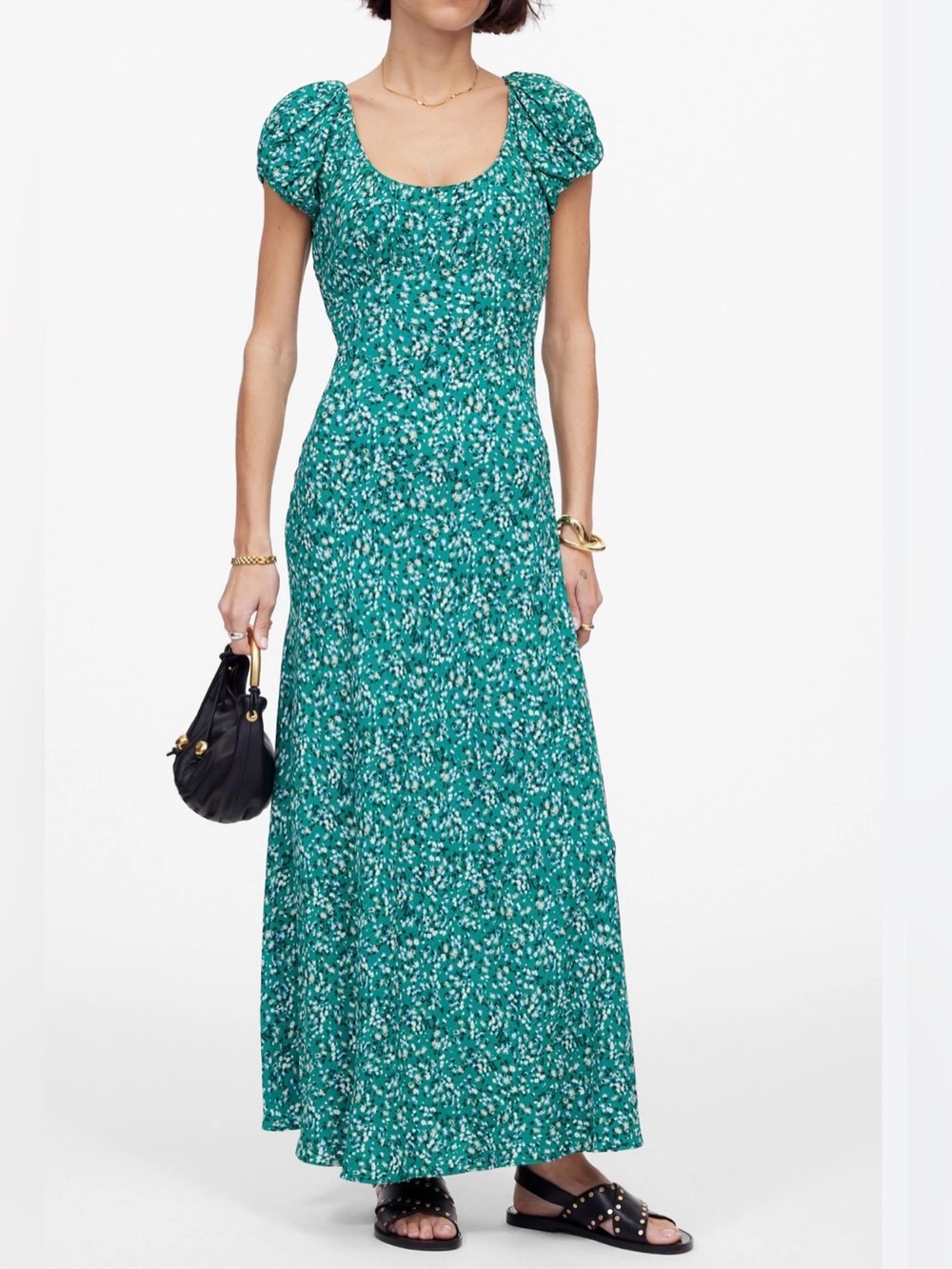 Madewell Teal Green Floral Puff-Sleeve Maxi Dress